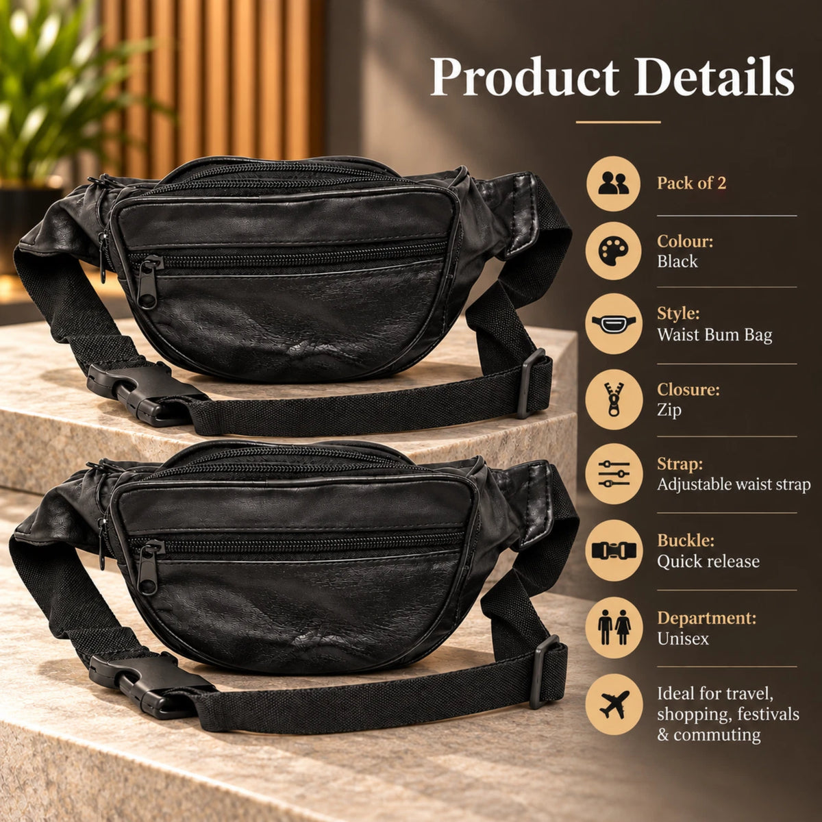 Black Waist Bum Bag Multi Pocket Travel Belt Pouch Adjustable Strap