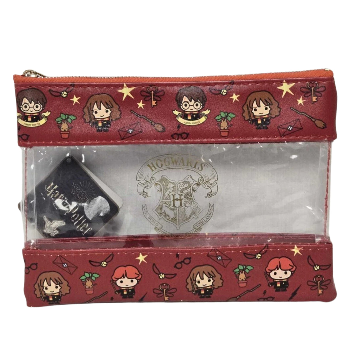 Clear Cosmetic Bag Red Printed Trim Zip Makeup Travel Pouch 23 x 17cm