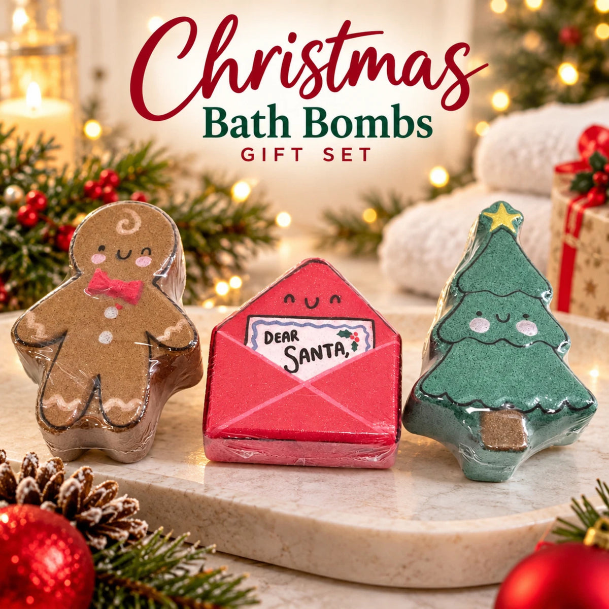 Christmas Bath Bomb Gift Set 3 × 150g | Gingerbread Tree & Santa Letter