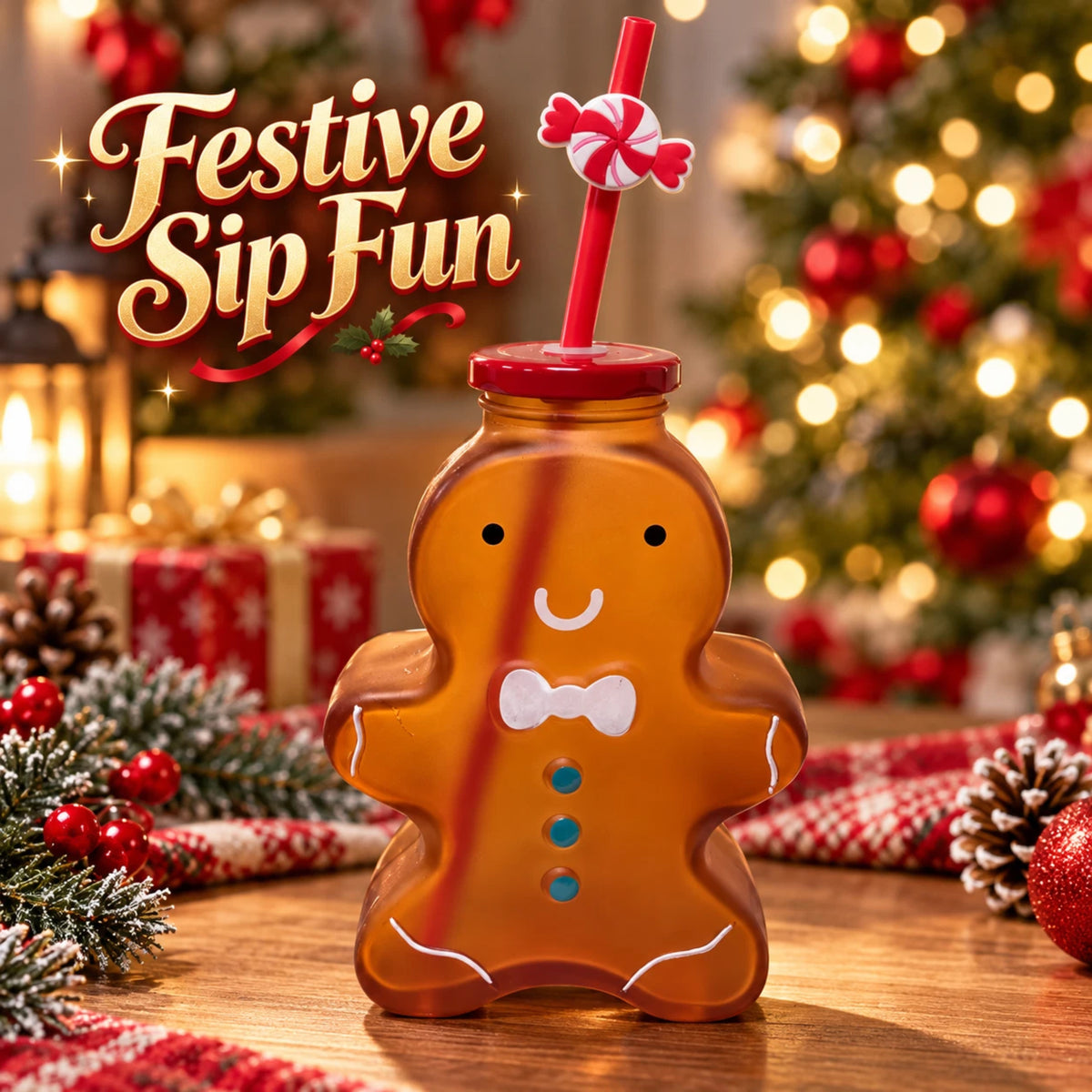 Gingerbread Man Christmas Drinking Cup with Red Lid & Candy Straw
