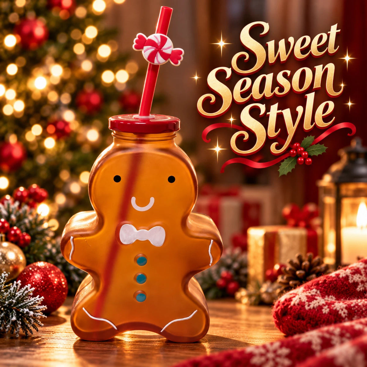 Gingerbread Man Christmas Drinking Cup with Red Lid & Candy Straw