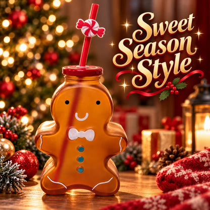 Gingerbread Man Christmas Drinking Cup with Red Lid & Candy Straw