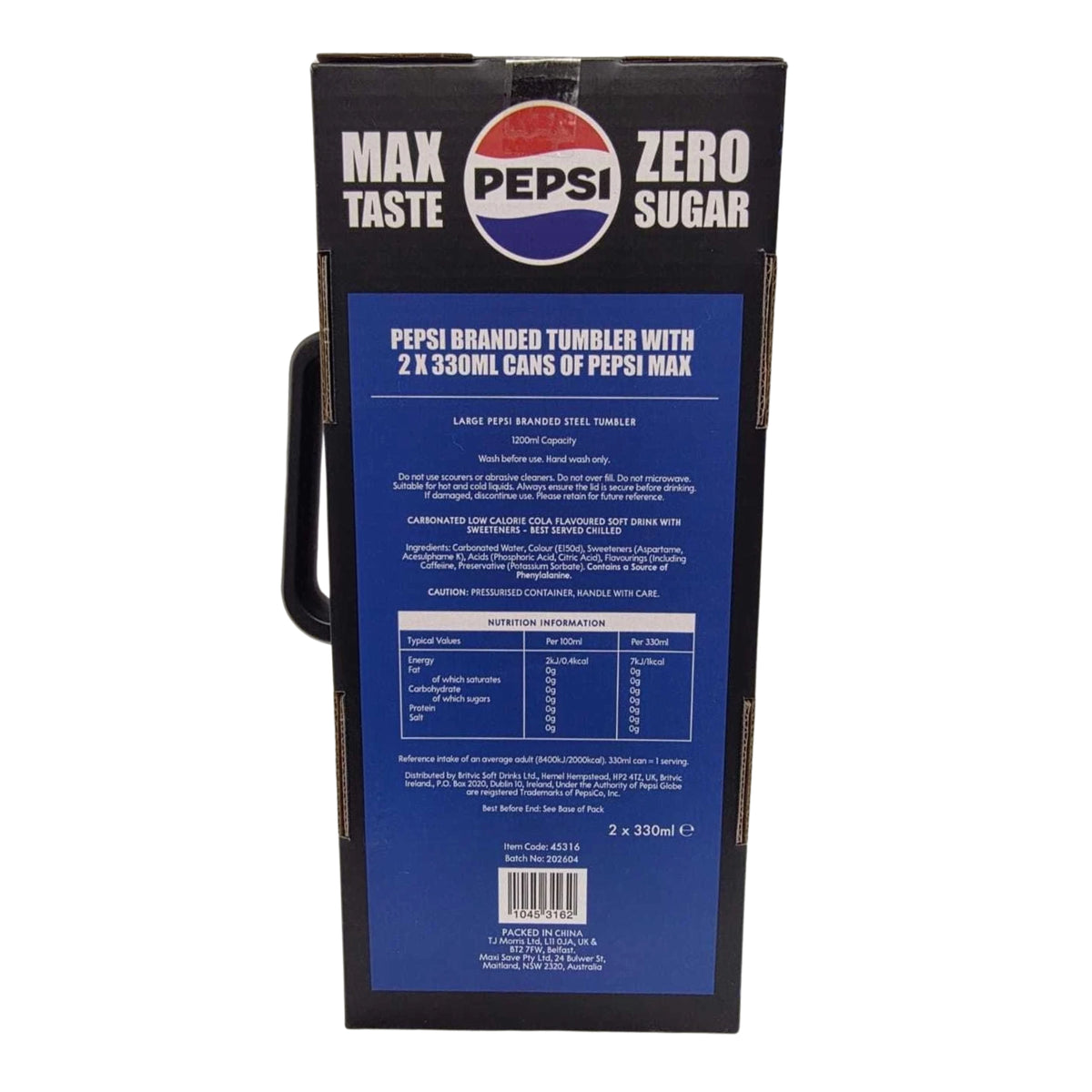 Pepsi Max Steel Tumbler Gift Set 1200ml with Straw & 2 × 330ml Cans