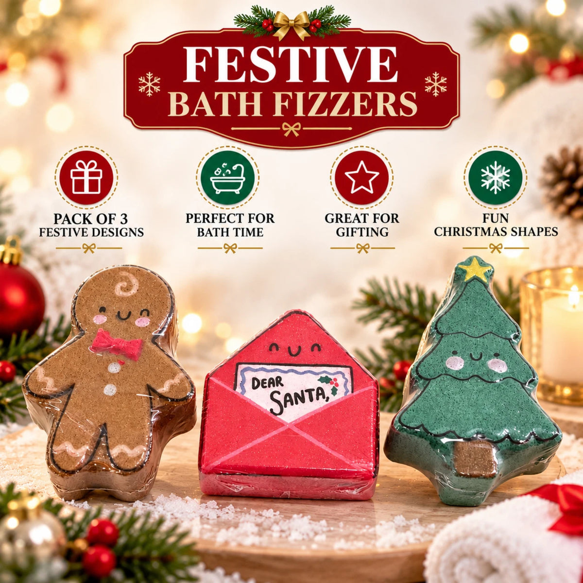 Christmas Bath Bomb Gift Set 3 × 150g | Gingerbread Tree & Santa Letter