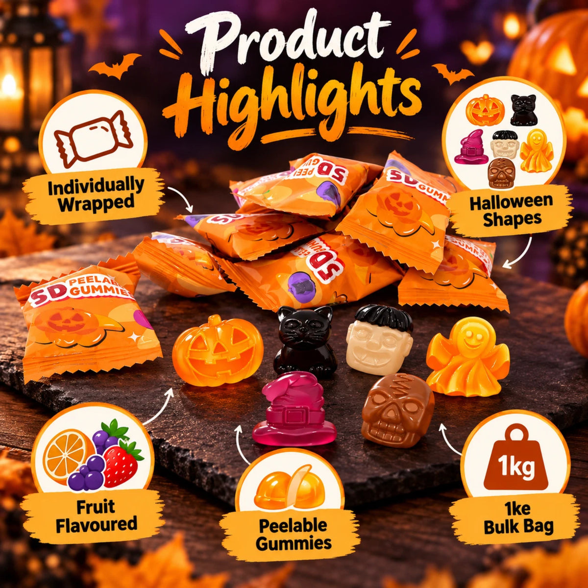 Halloween Peelable Gummies 1kg Individually Wrapped Fruit Jelly Sweets