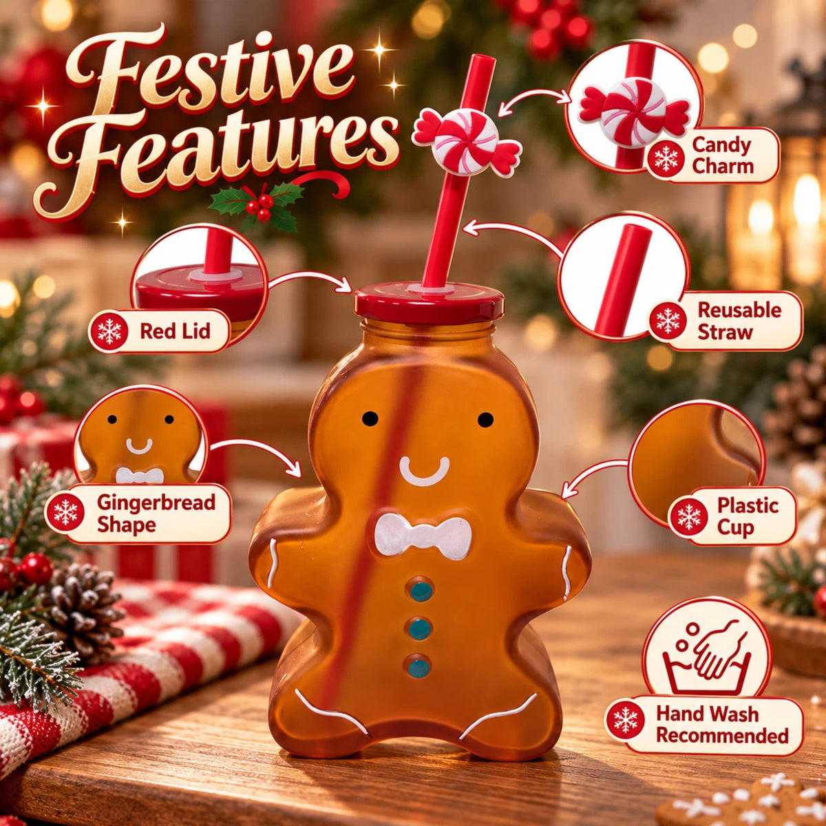 Gingerbread Man Christmas Drinking Cup with Red Lid & Candy Straw