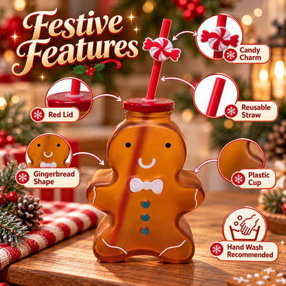 Gingerbread Man Christmas Drinking Cup with Red Lid & Candy Straw