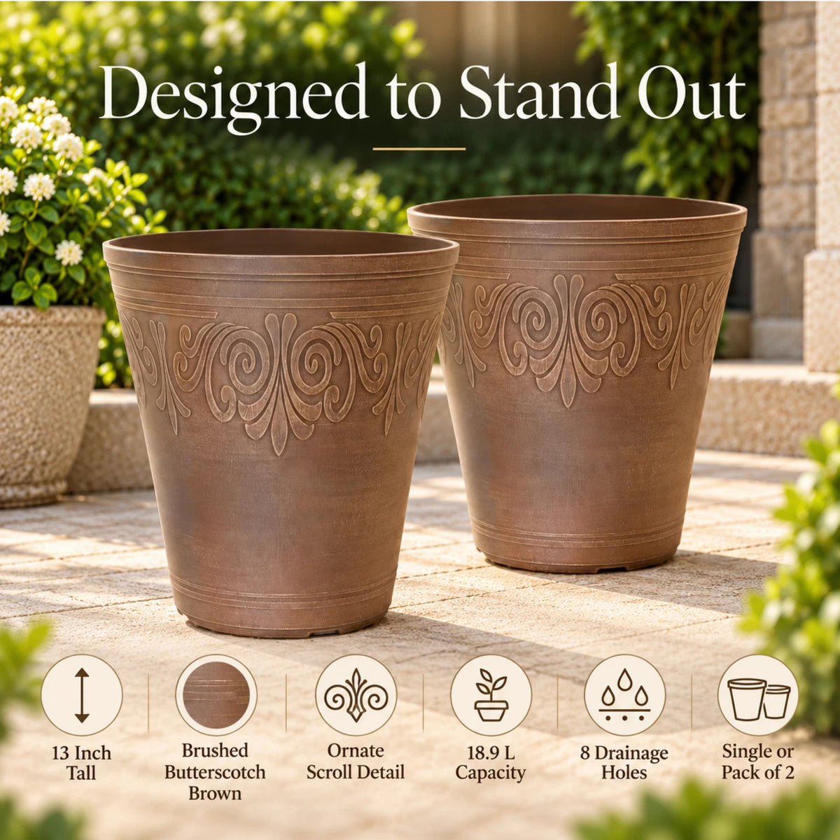 Laurel Tall Garden Planter 13 Inch 18.9L Butterscotch Brown | Single or 2 Pack