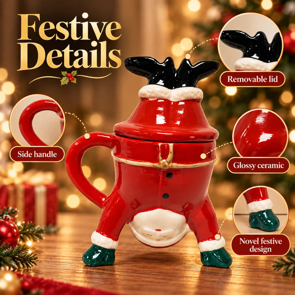 Christmas Santa Ceramic Mug with Removable Lid | Festive Novelty Cup