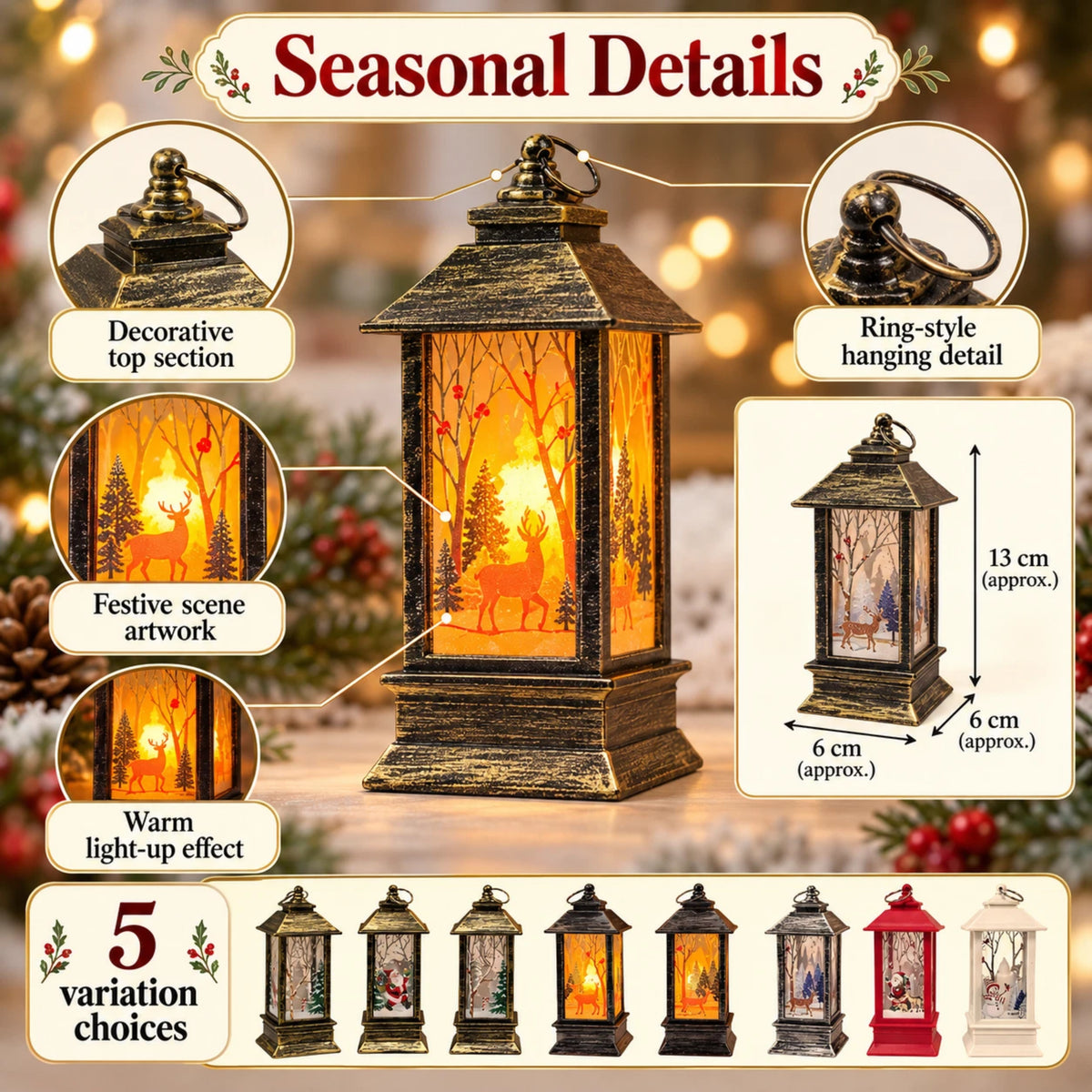 Christmas Decorative Light-Up Lantern Winter Scene Ornament 13cm