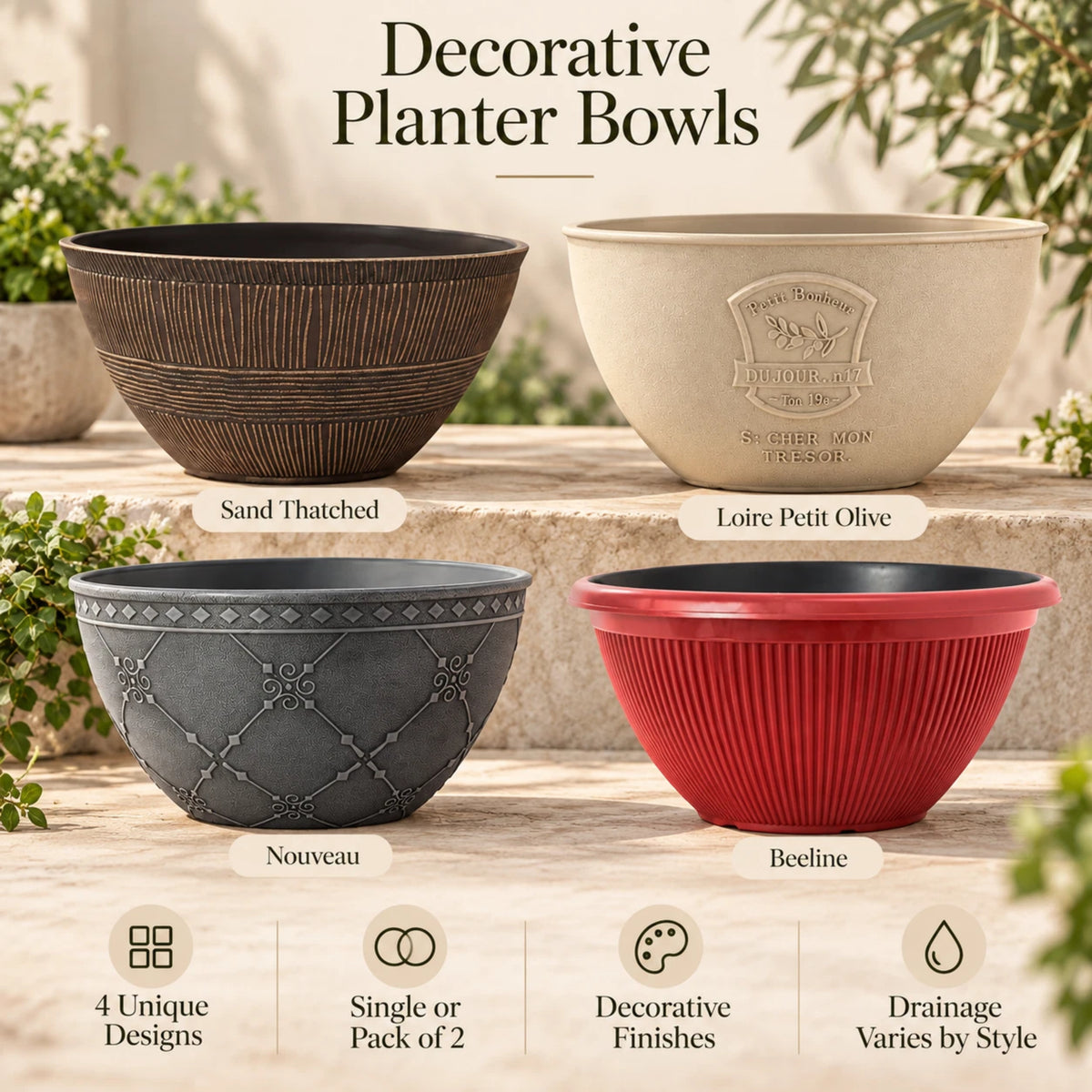 Decorative Garden Planter Bowls | 4 Designs | Single or Twin Pack
