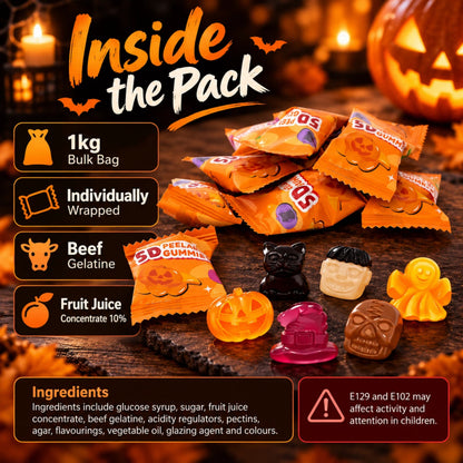 Halloween Peelable Gummies 1kg Individually Wrapped Fruit Jelly Sweets