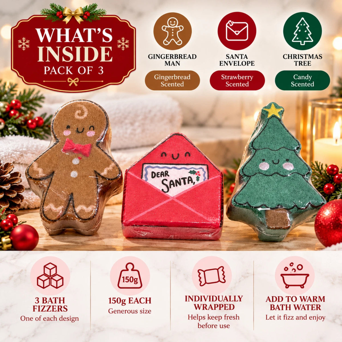 Christmas Bath Bomb Gift Set 3 × 150g | Gingerbread Tree & Santa Letter