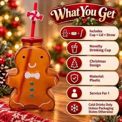 Gingerbread Man Christmas Drinking Cup with Red Lid & Candy Straw