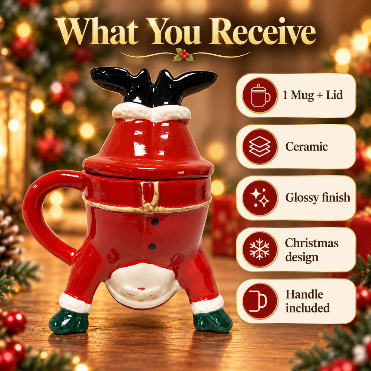 Christmas Santa Ceramic Mug with Removable Lid | Festive Novelty Cup