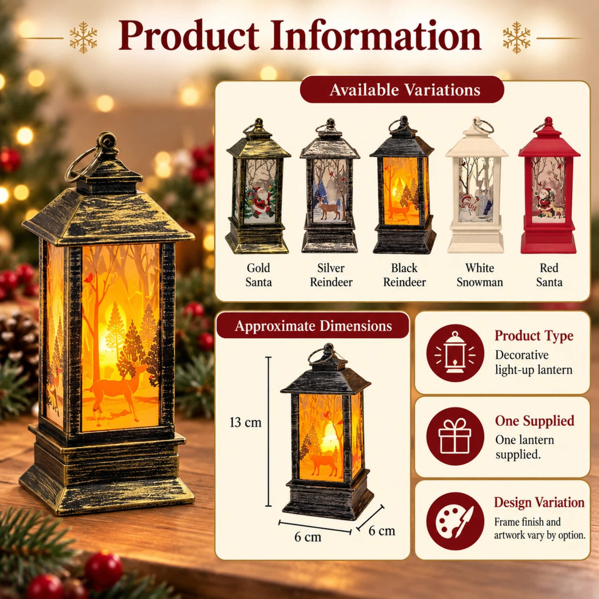 Christmas Decorative Light-Up Lantern Winter Scene Ornament 13cm