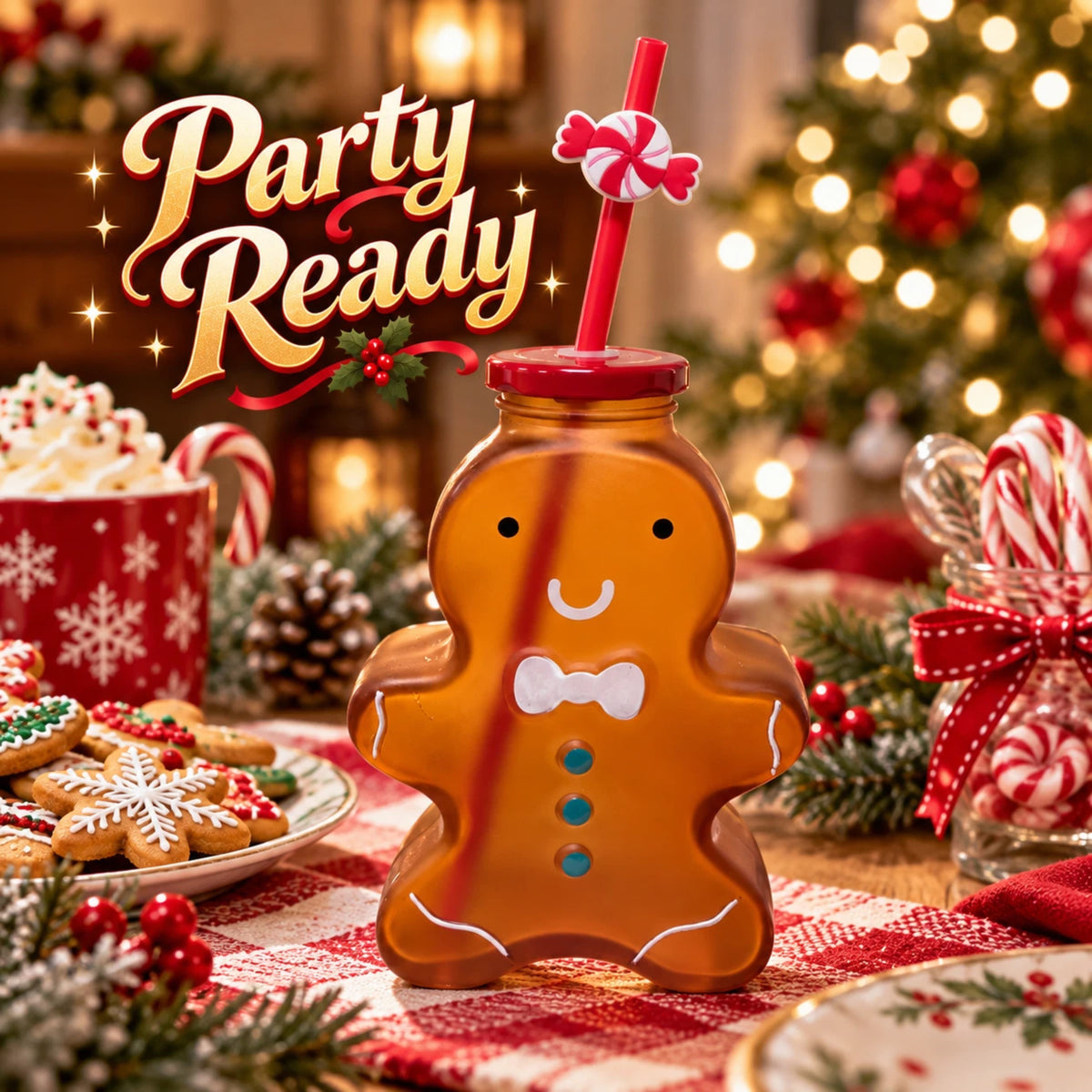 Gingerbread Man Christmas Drinking Cup with Red Lid & Candy Straw