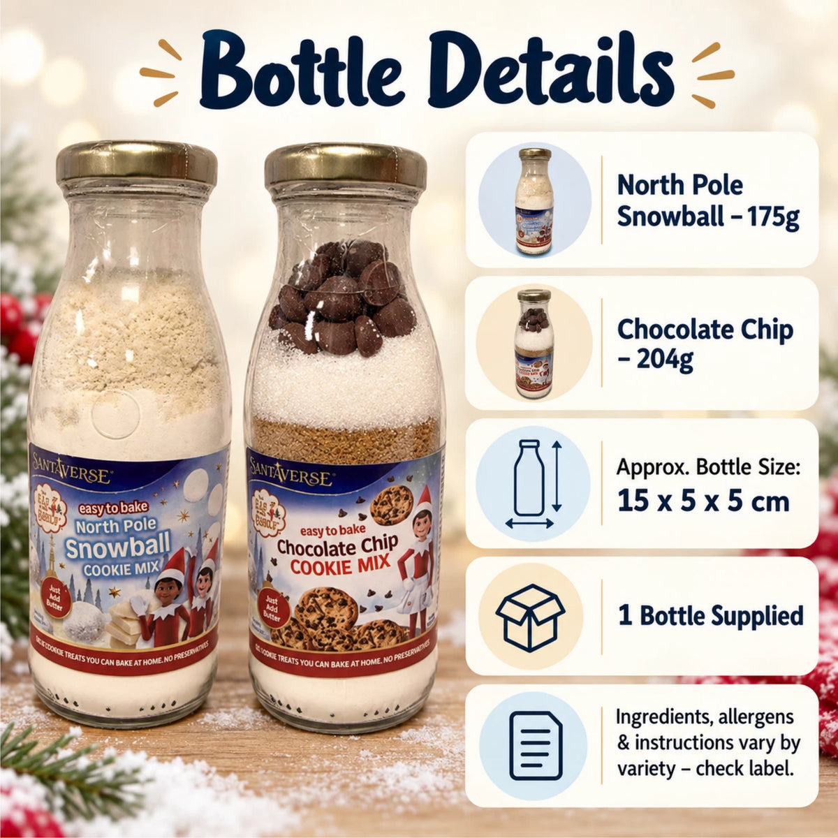 SantaVerse Christmas Cookie Mix Bottle | Chocolate Chip or North Pole Snowball