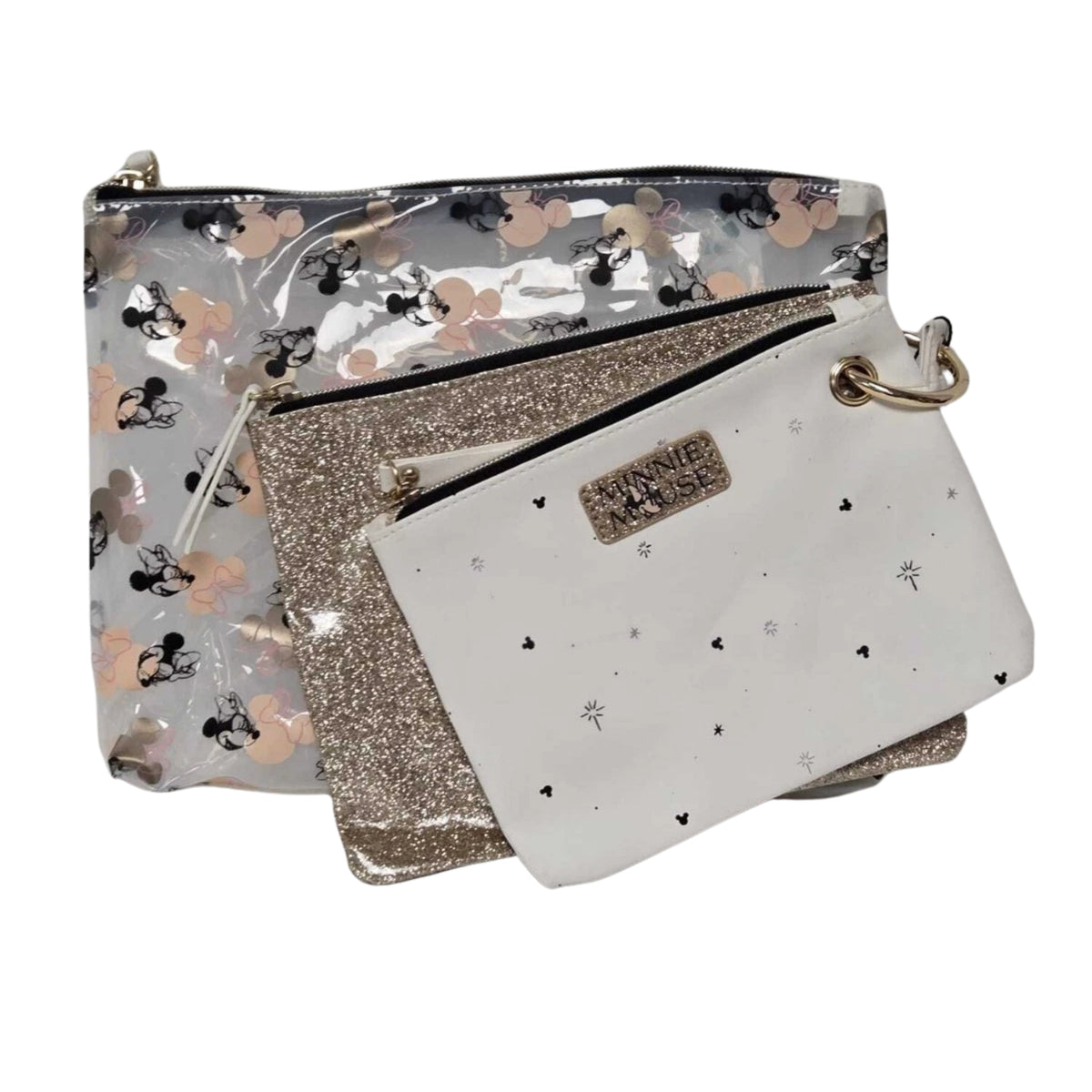 3 Piece Cosmetic Bag Set Clear Gold Glitter White Zip Makeup Travel Pouches