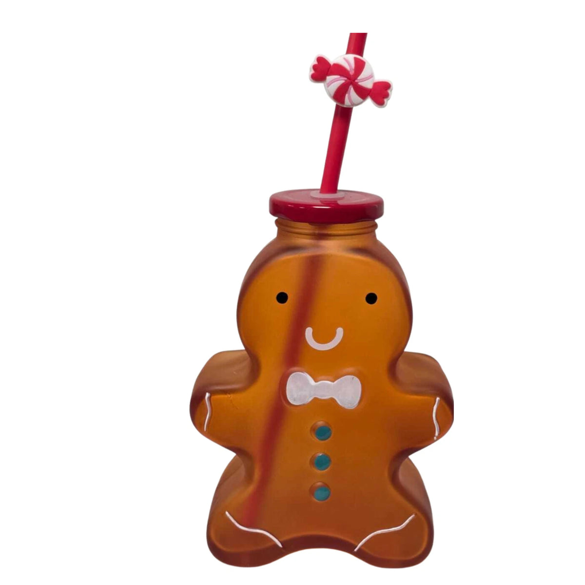 Gingerbread Man Christmas Drinking Cup with Red Lid & Candy Straw