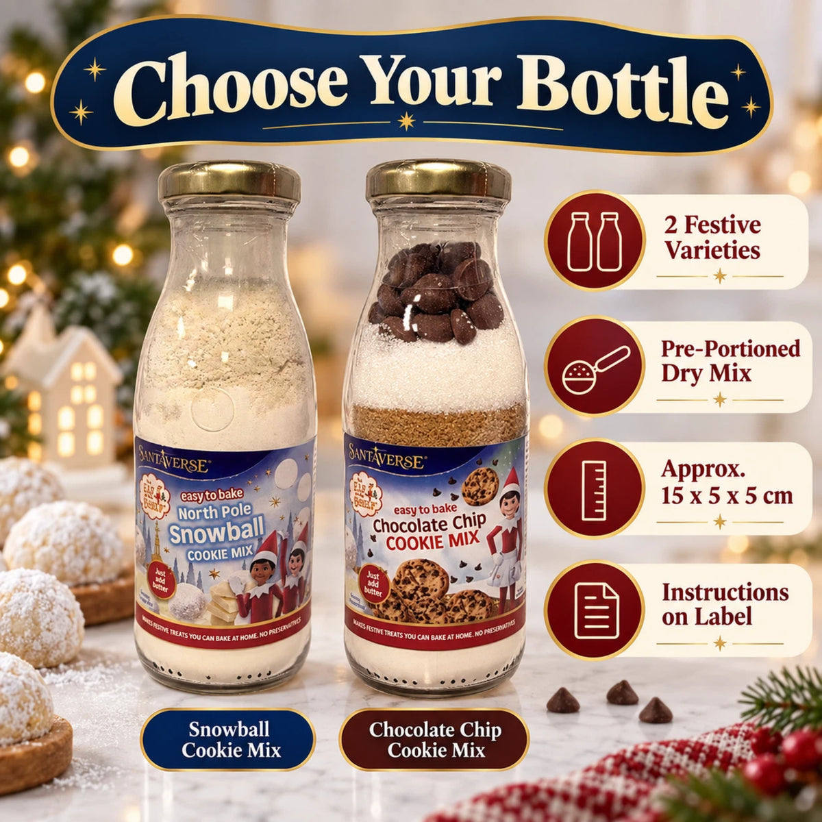 SantaVerse Christmas Cookie Mix Bottle | Chocolate Chip or North Pole Snowball