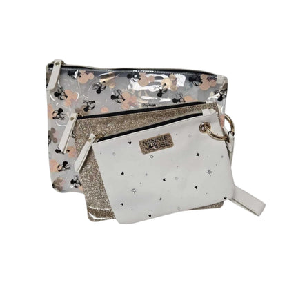 3 Piece Cosmetic Bag Set Clear Gold Glitter White Zip Makeup Travel Pouches