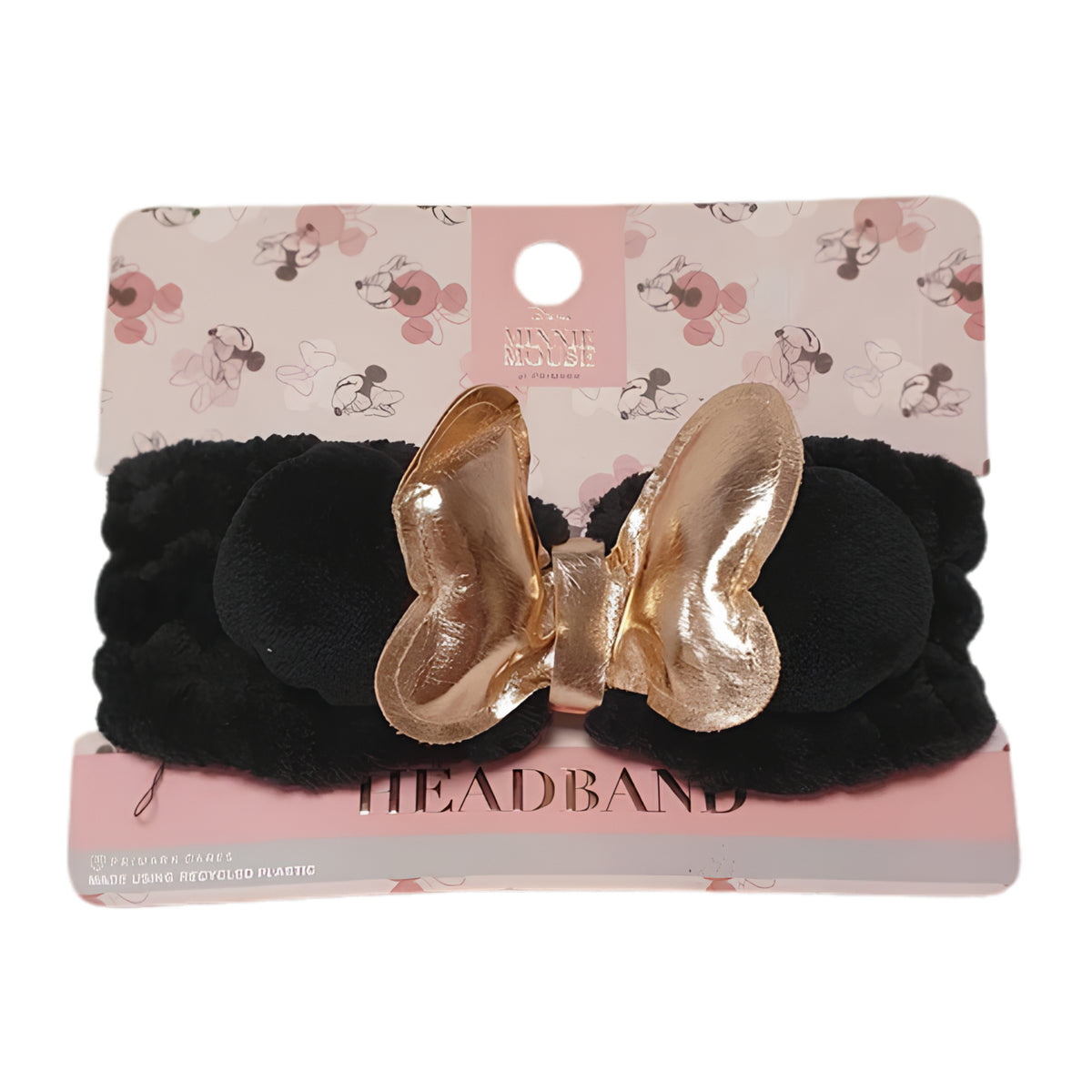 Black Plush Hair Headband with Metallic Gold Bow & Round Ear Details