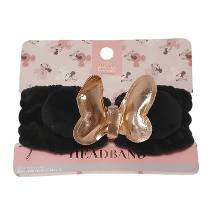 Black Plush Hair Headband with Metallic Gold Bow & Round Ear Details