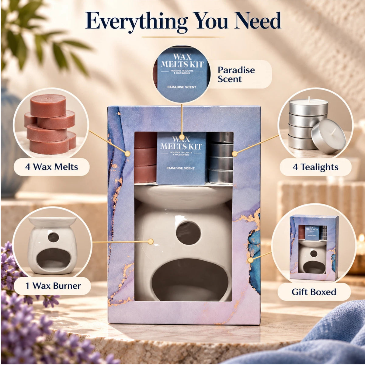 Paradise Scent Wax Melt Gift Set with Burner 4 Tealights & 4 Wax Melts