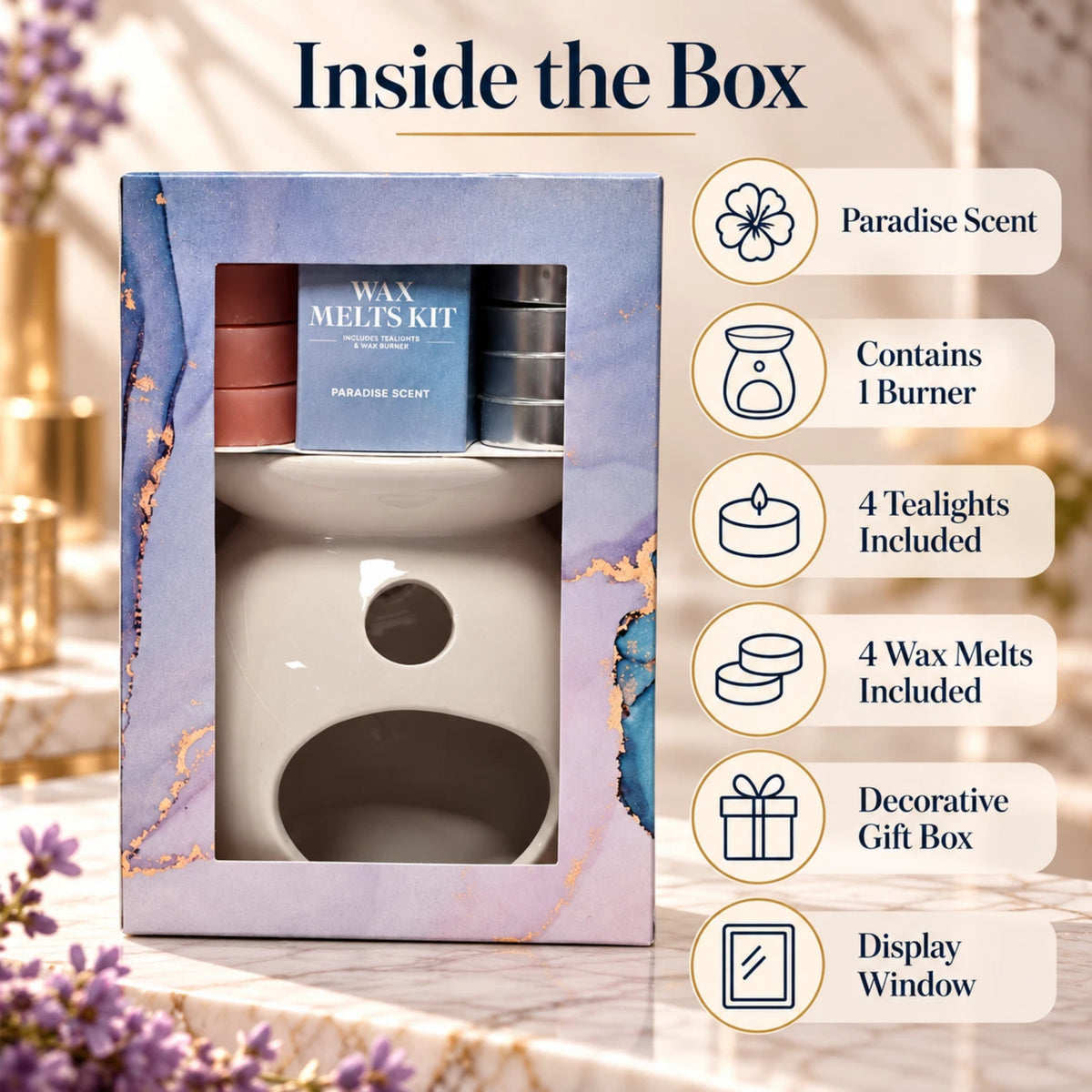 Paradise Scent Wax Melt Gift Set with Burner 4 Tealights & 4 Wax Melts