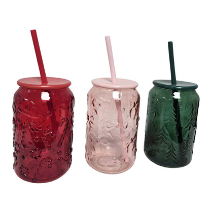 Pack of 3 Christmas Glass Tumblers with Lids & Straws Red Pink Green Festive Cups