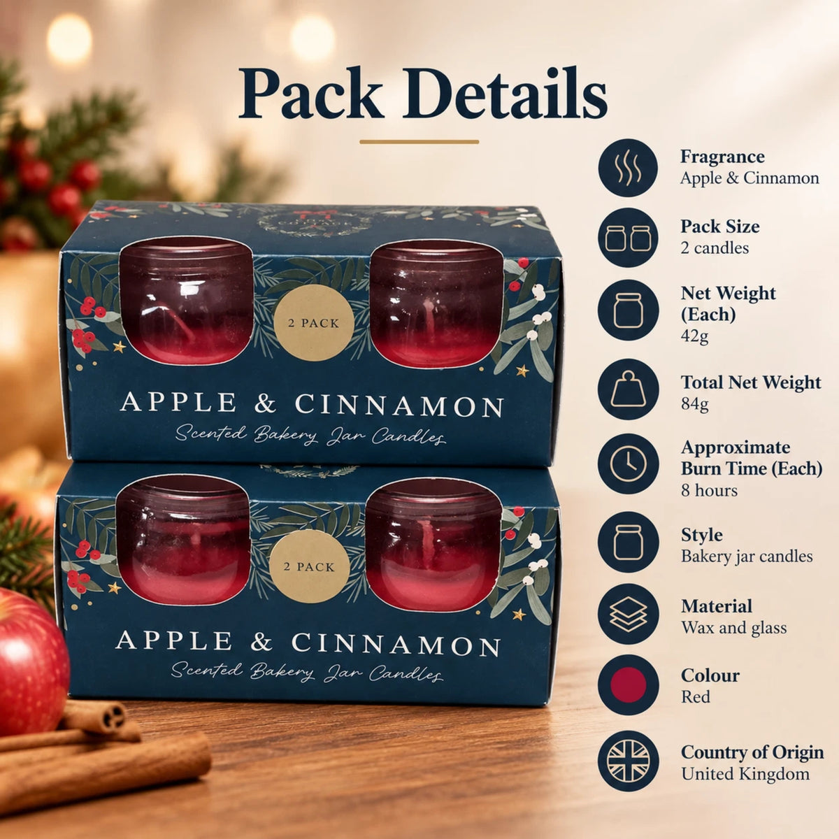 Apple & Cinnamon Scented Bakery Jar Candles 2 Pack | 42g Each