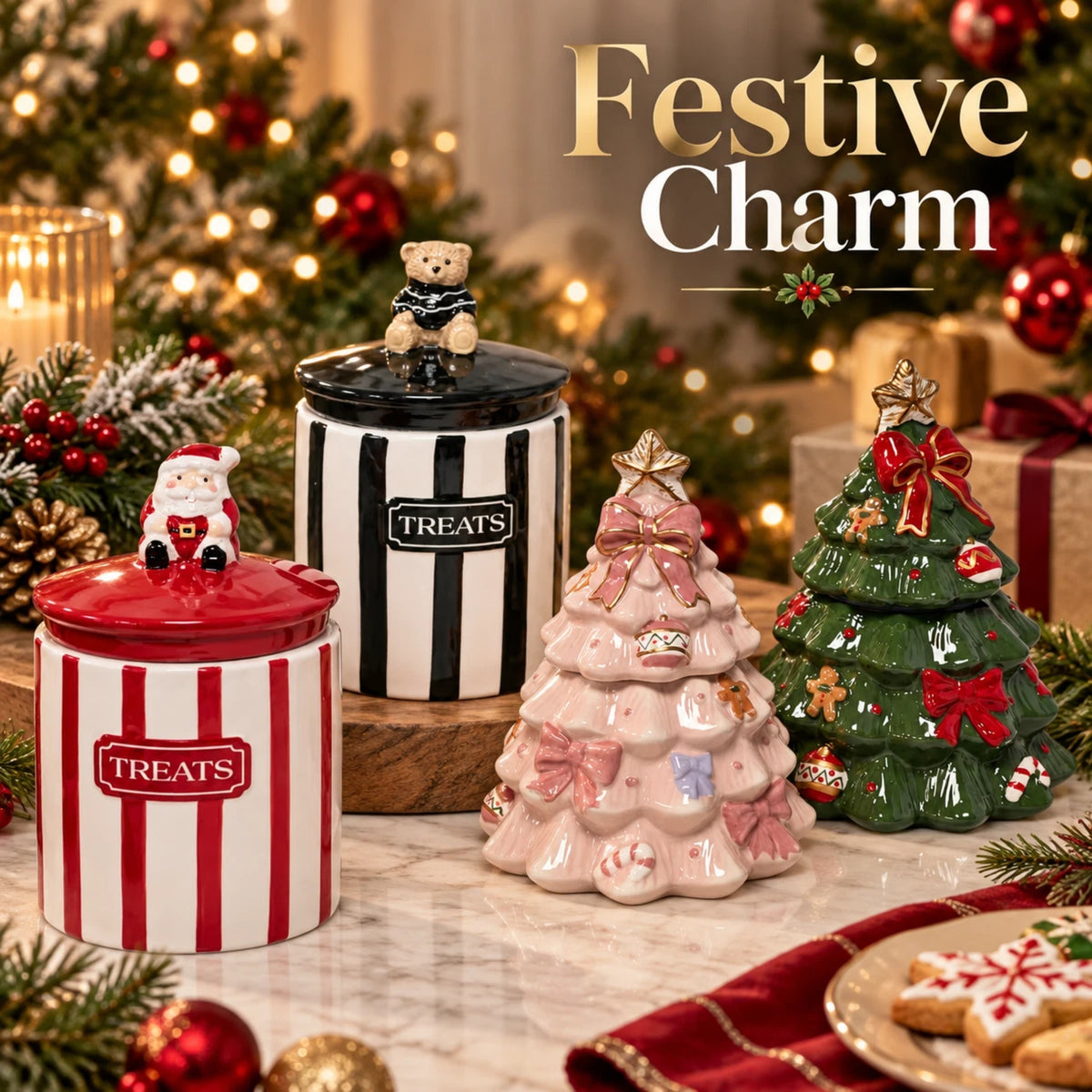 Christmas Cookie & Treat Jars Santa Bear or Christmas Tree | Single & 2 Pack