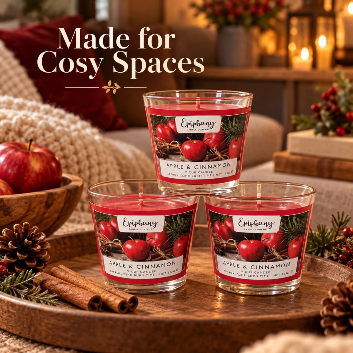 Epiphany Apple & Cinnamon Glass Cup Candles 3 Pack | 113g Each