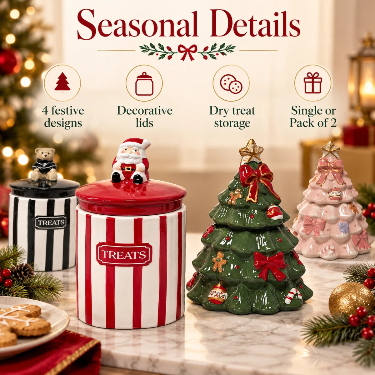 Christmas Cookie & Treat Jars Santa Bear or Christmas Tree | Single & 2 Pack