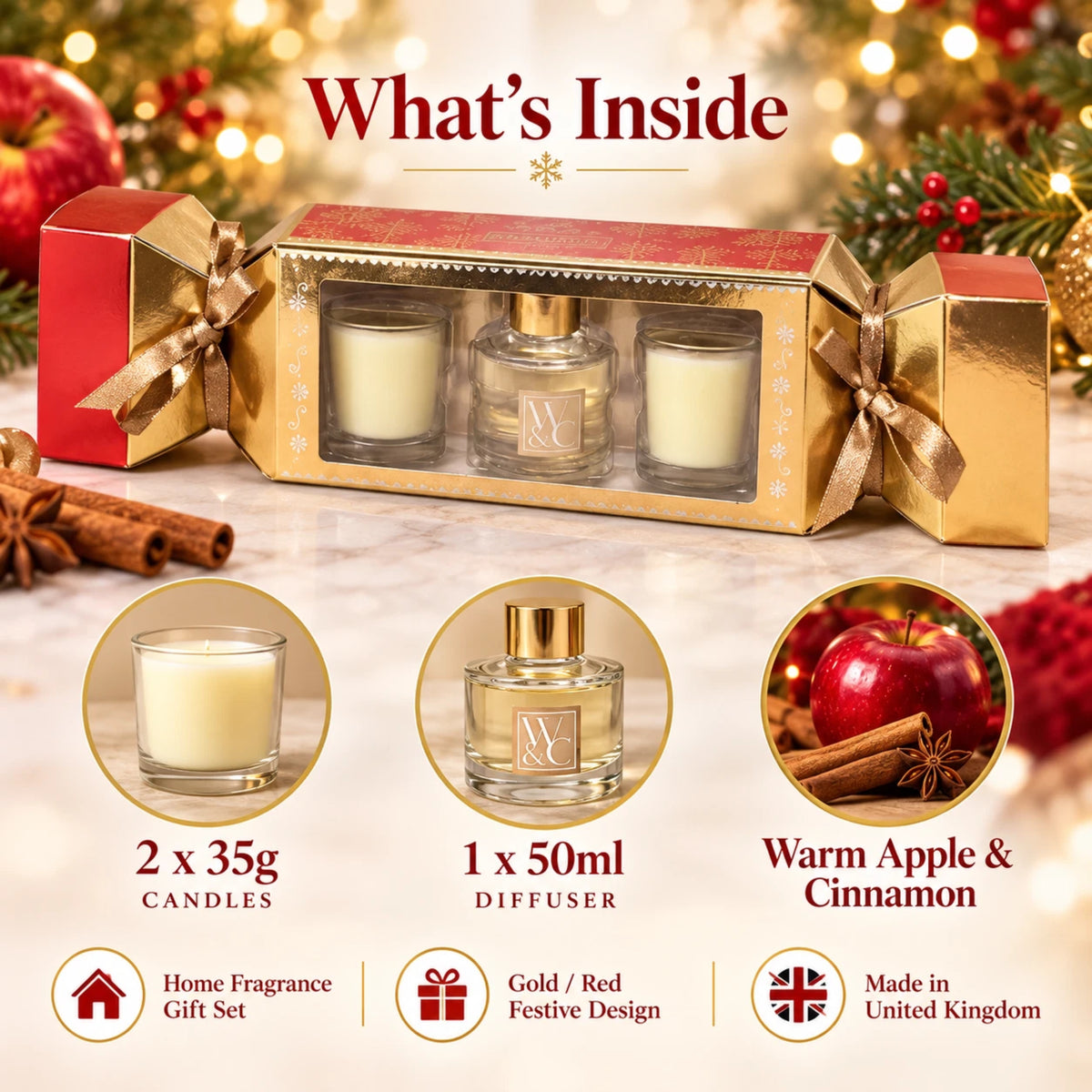 Warm Apple & Cinnamon Candle & Diffuser Gift Set | Christmas Cracker Box