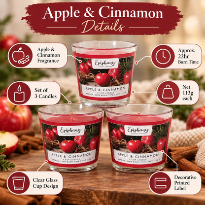 Epiphany Apple & Cinnamon Glass Cup Candles 3 Pack | 113g Each