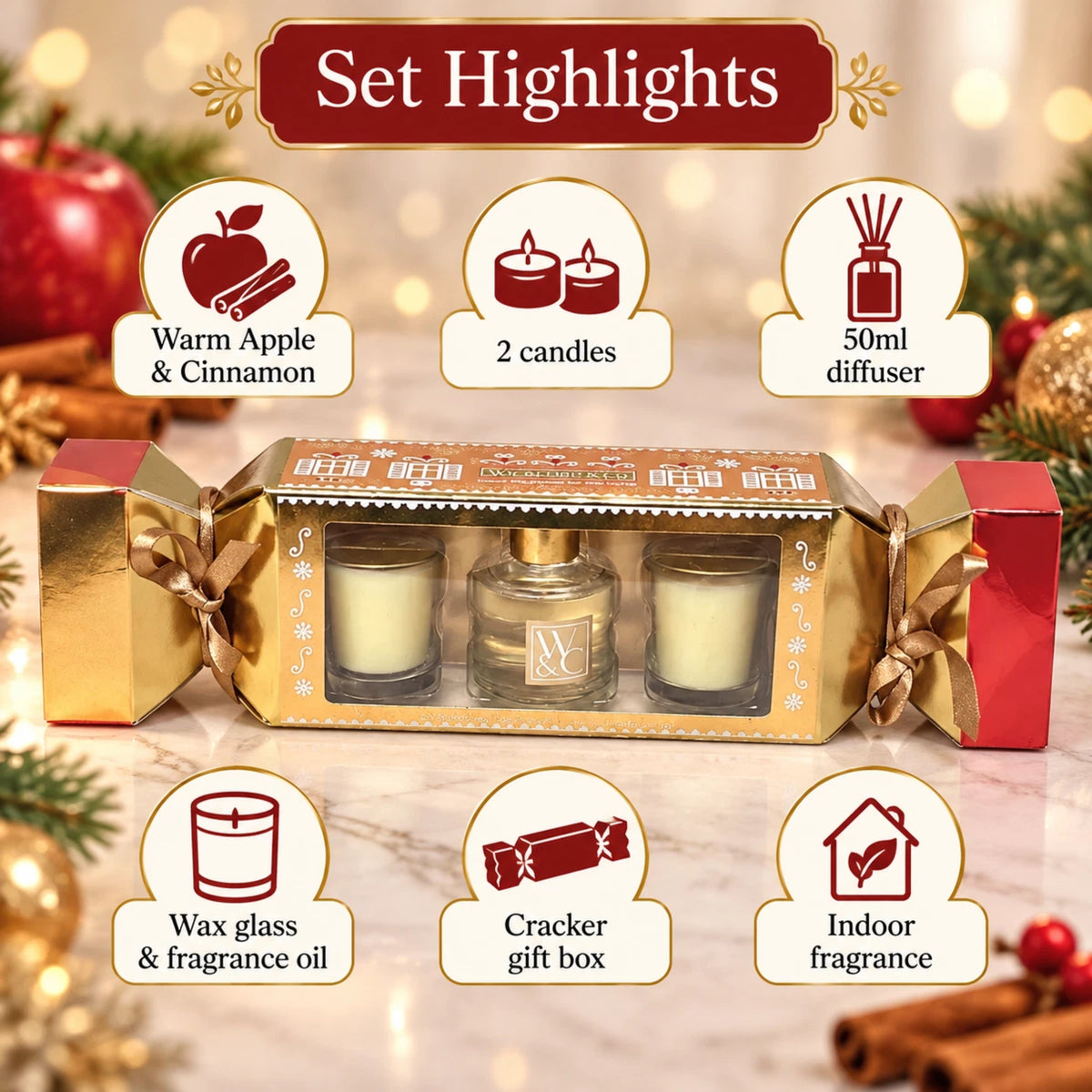 Warm Apple & Cinnamon Candle & Diffuser Gift Set | Christmas Cracker Box
