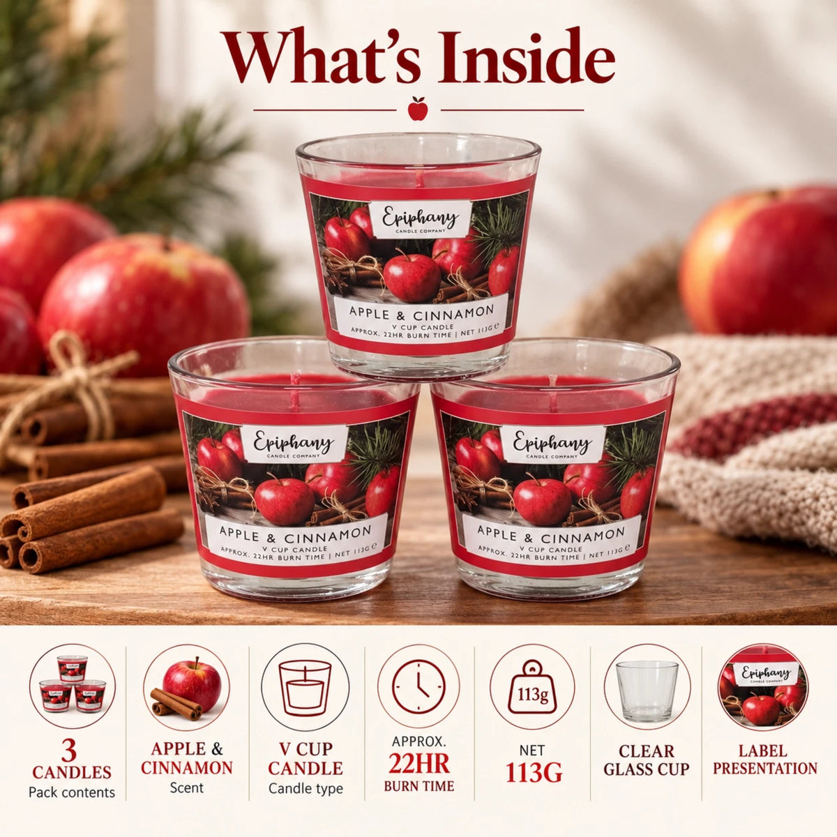 Epiphany Apple & Cinnamon Glass Cup Candles 3 Pack | 113g Each