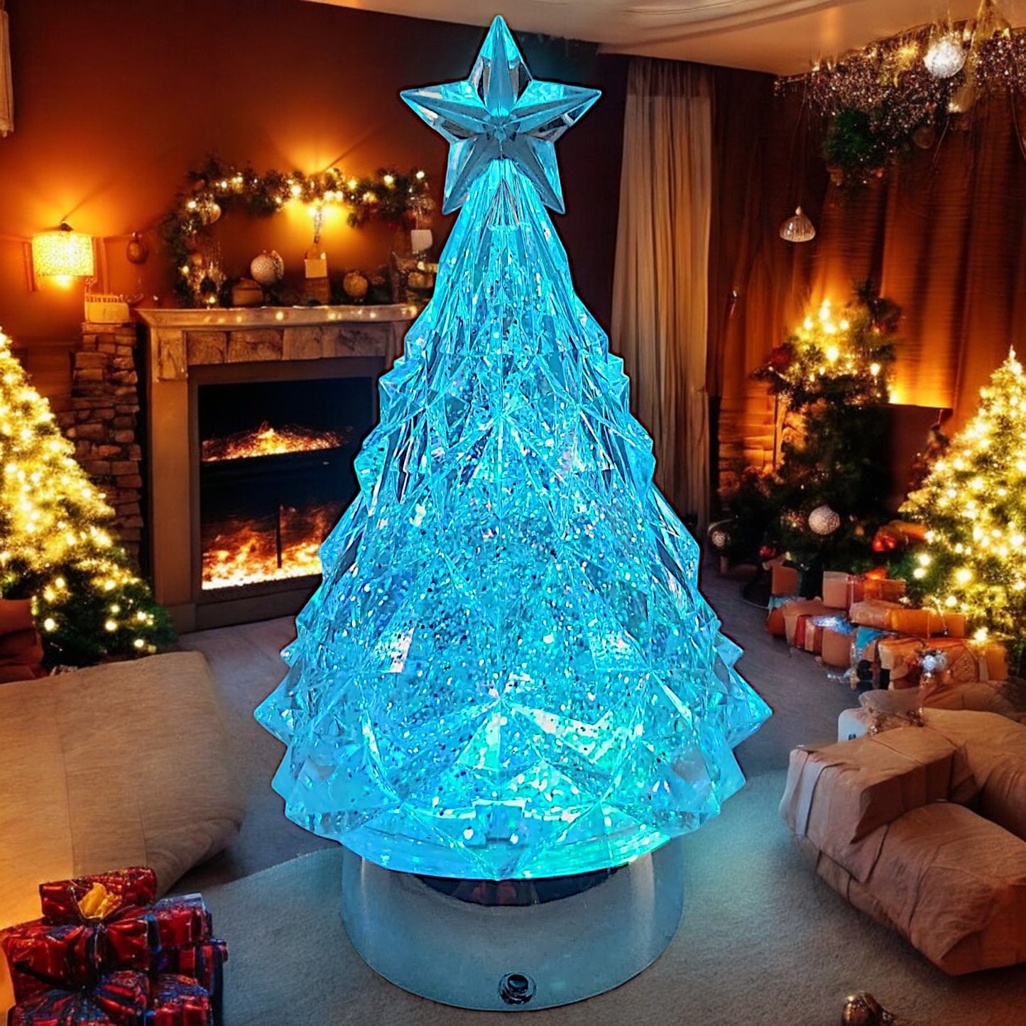 Rotating LED Crystal Christmas Tree with Color-Changing Lights and Water Spinner