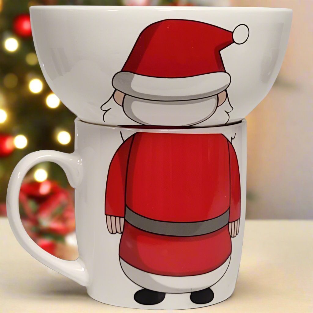 Santa Claus Stacking Bowl and Mug Set with Winking Face