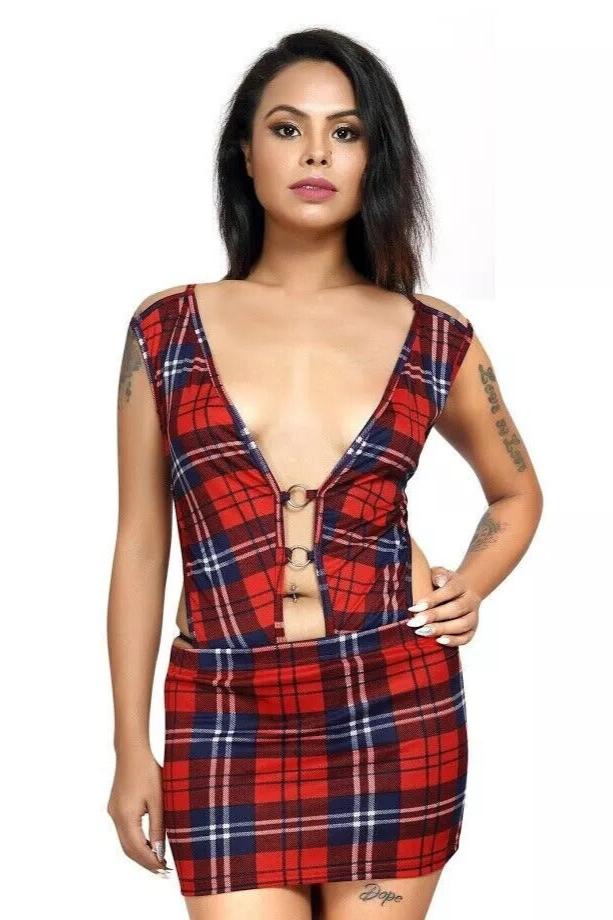 Red Tartan Front Ring Dress