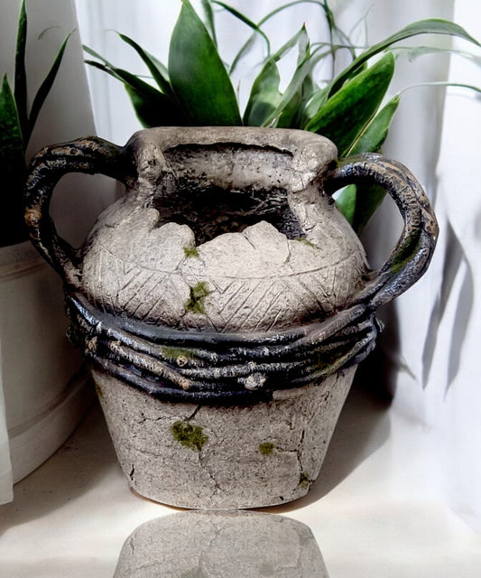Enchanted urn pot with handle Rustic Broken Style Antique Vase Vintage Garden & Home Décor Aged Pot with Vine Detailing