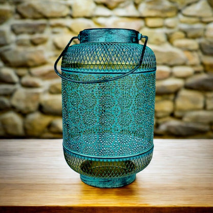 Solar Metal Lantern Green 26cm – Outdoor Garden Hanging Light