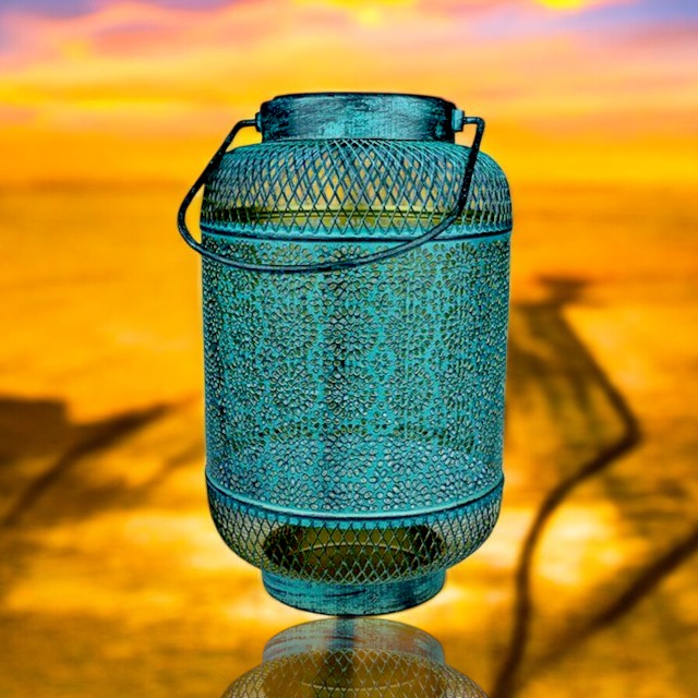 Solar Metal Lantern Green 26cm – Outdoor Garden Hanging Light