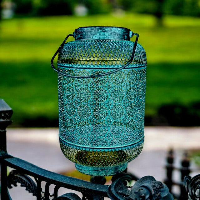 Solar Metal Lantern Green 26cm – Outdoor Garden Hanging Light