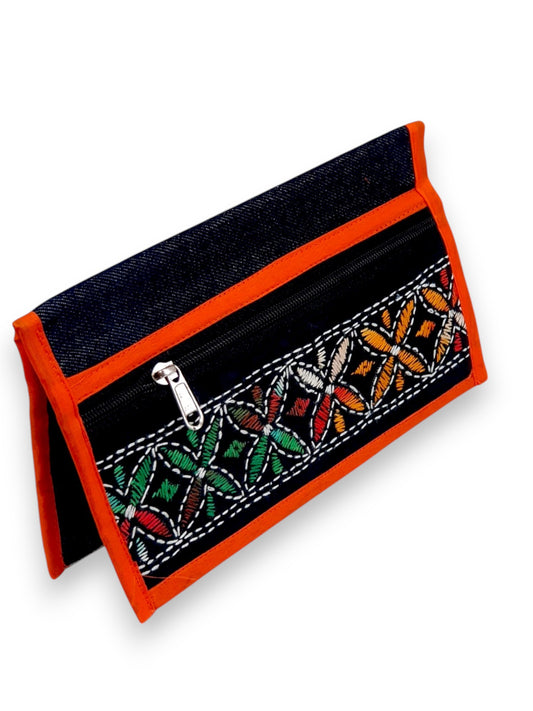 Handmade Embroidered Wallet | Ethnic Cotton Clutch Purse with Zip & Velcro Closure