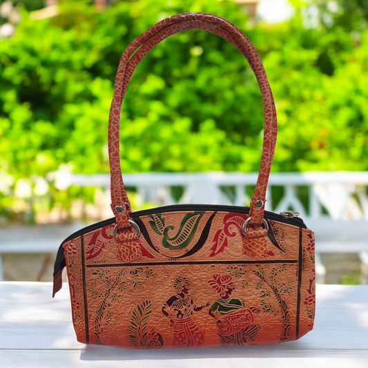 Handcrafted Leather Shoulder Bag – Ethnic Art Design, 25cm x 12cm