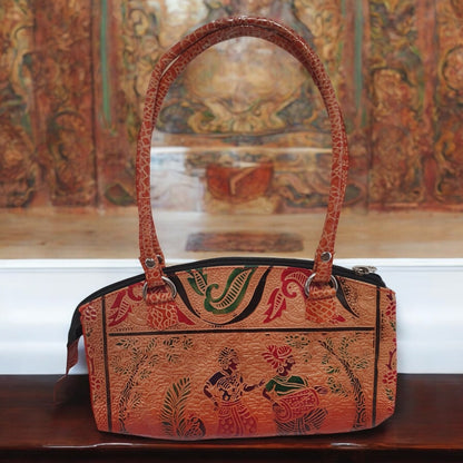 Handcrafted Leather Shoulder Bag – Ethnic Art Design, 25cm x 12cm