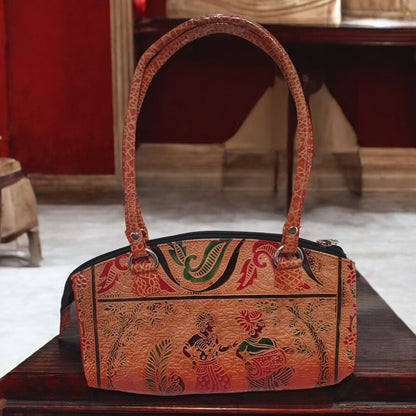 Handcrafted Leather Shoulder Bag – Ethnic Art Design, 25cm x 12cm